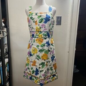 Ann Taylor White Floral Midi Dress with Yellow, Blue & Purple Blooms Size 4